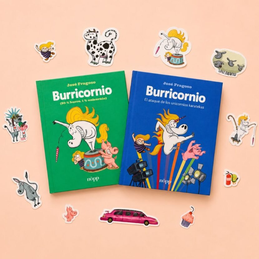 Descubre el Pack Burricornio: incluye los dos cómics de José Fragoso y un set de pegatinas exclusivo. Un regalo ideal a partir de 6 años.