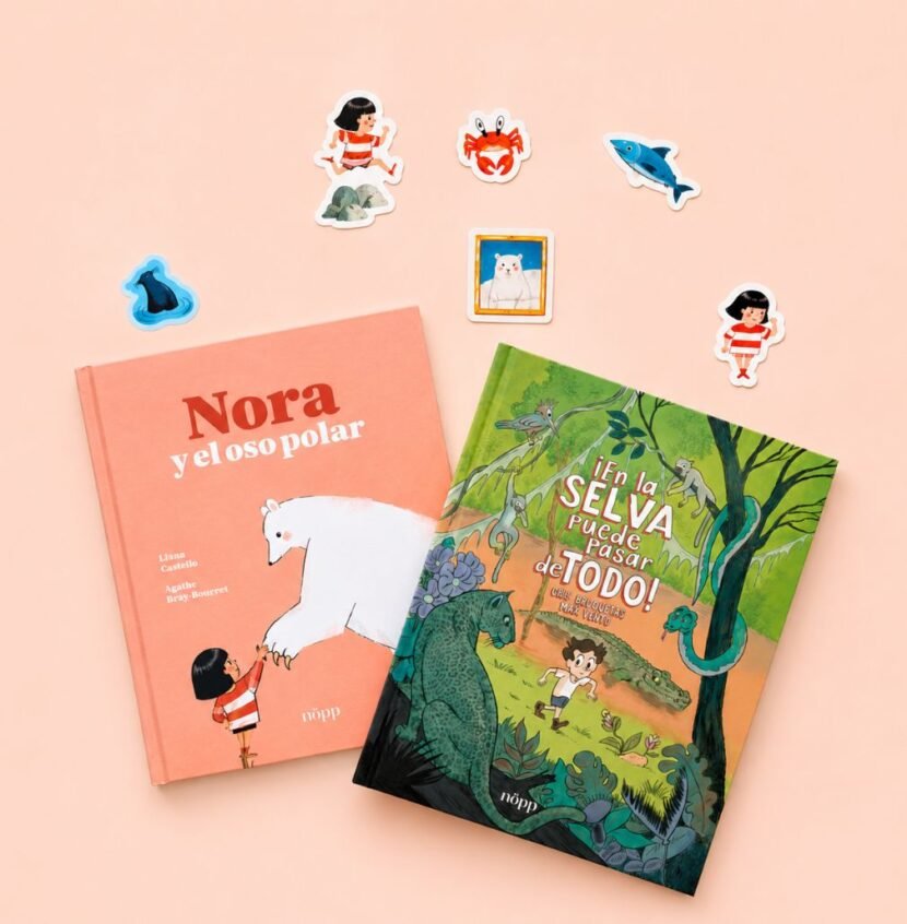 Descubre el Pack Pequeños Exploradores de Nöpp: incluye Nora y el oso polar, ¡En la selva puede pasar de todo! y un set de pegatinas exclusivo.